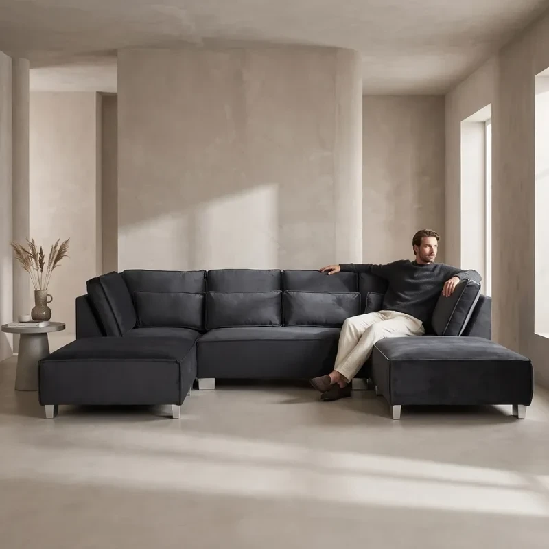  Sloane U Shape Black Velvet Corner Sofa 