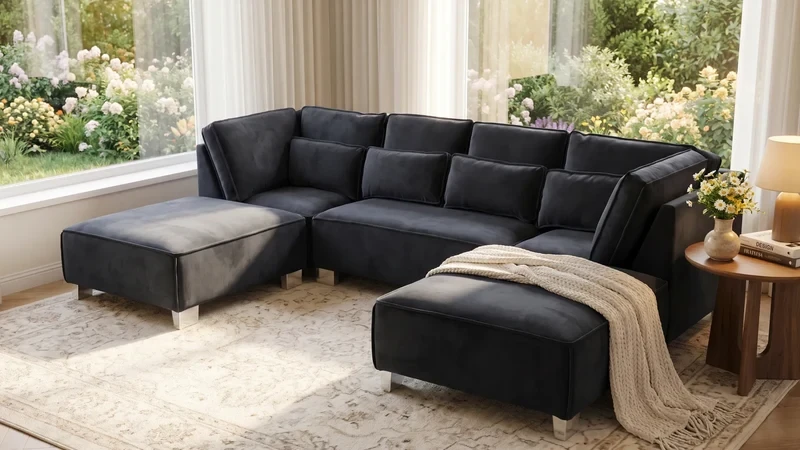  Sloane U Shape Black Velvet Corner Sofa 