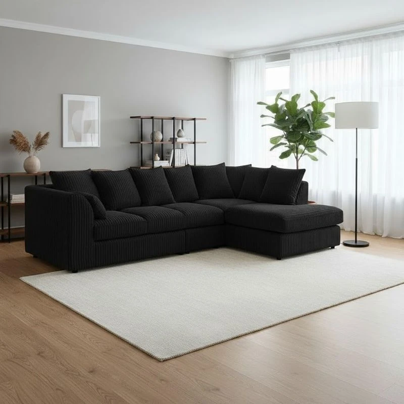Dylan L Shape Black Jumbo Cord Scatter Back Sofa – Right Hand Facing Corner Sofa