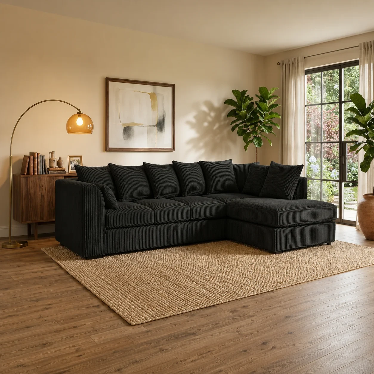 Dylan L Shape Black Jumbo Cord Scatter Back Sofa – Right Hand Facing Corner Sofa