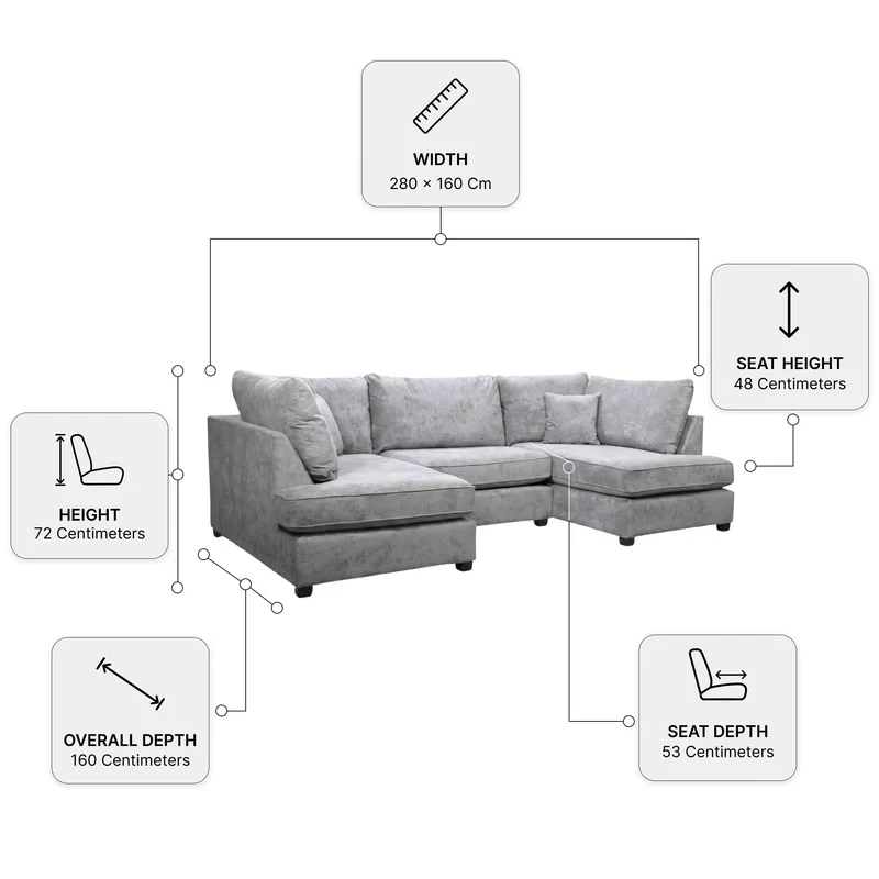Carnaby Grey Fabric U-Shaped Corner Sofa – High Back Modular 5 Seater