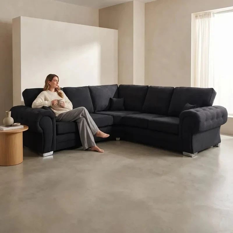 Verona Black Fabric High Back Corner Sofa – Modern 240 x 240cm Living Room Sofa