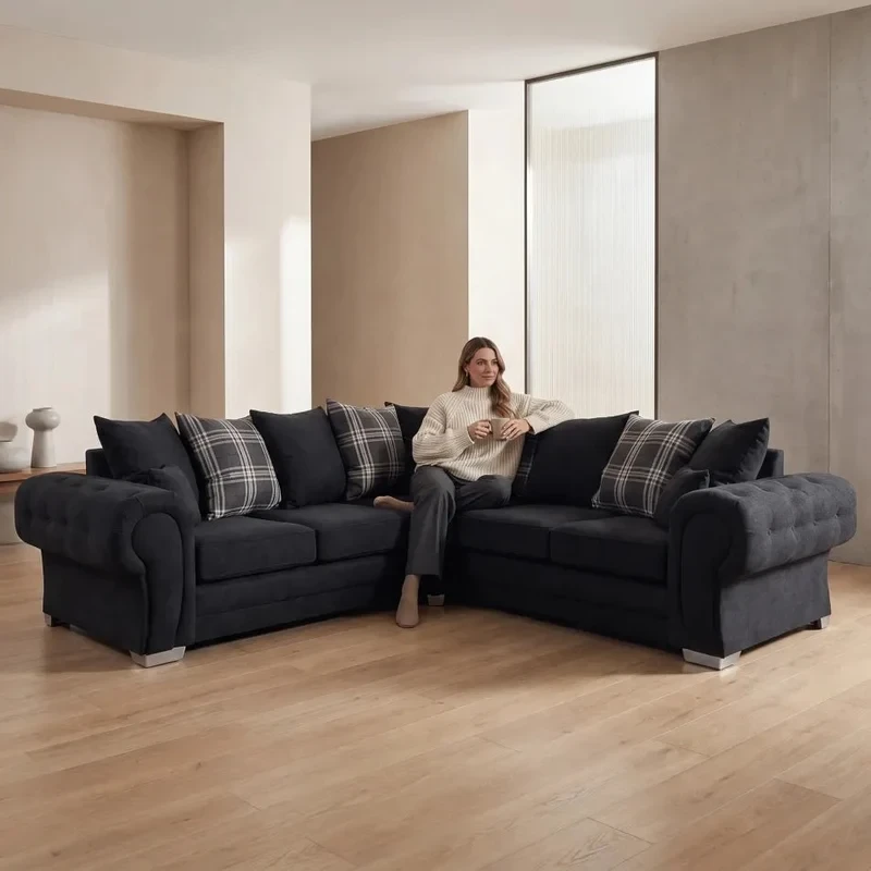 Verona Scatter Back Black Fabric Corner Sofa – Modern 240 x 240cm Living Room Sofa