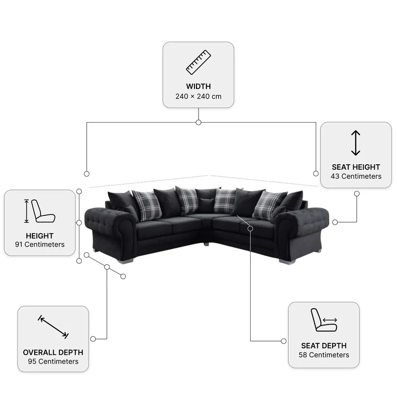 Verona Scatter Back Black Fabric Corner Sofa – Modern 240 x 240cm Living Room Sofa