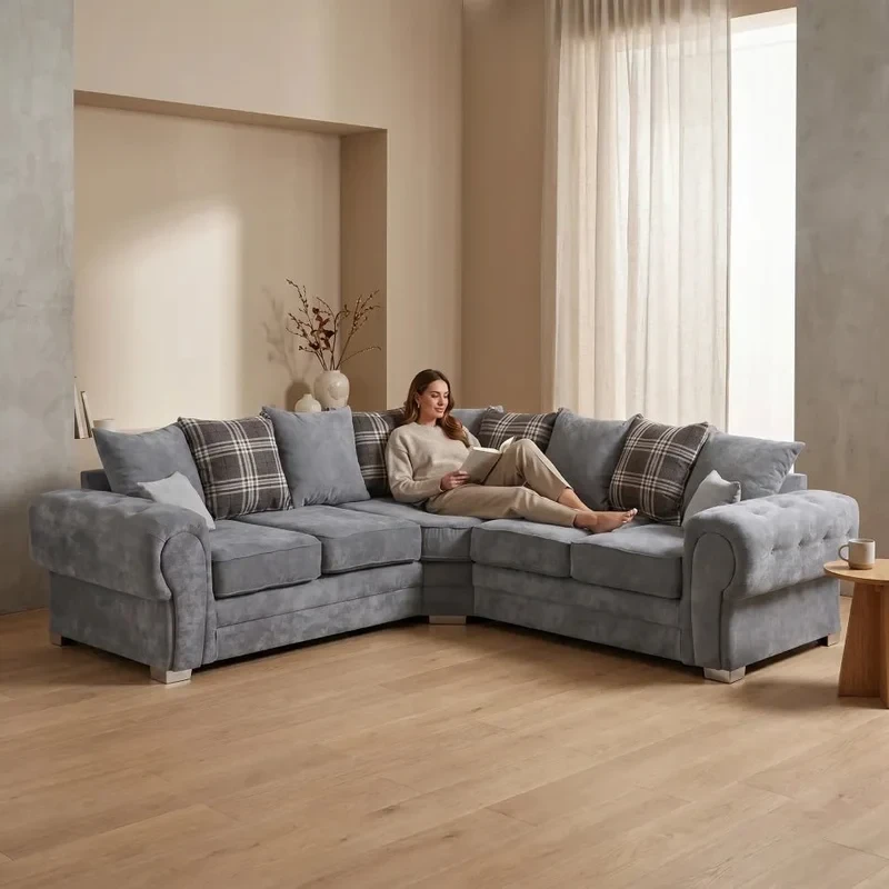 Verona Scatter Back Grey Fabric Corner Sofa – Modern 240 x 240cm Living Room Sofa