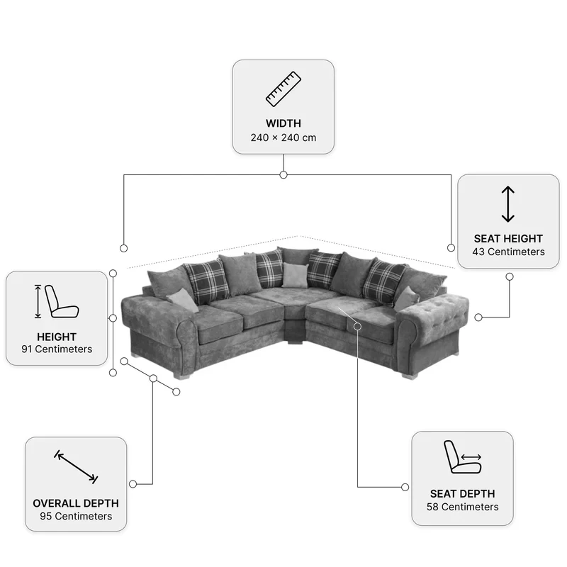 Verona Scatter Back Grey Fabric Corner Sofa – Modern 240 x 240cm Living Room Sofa