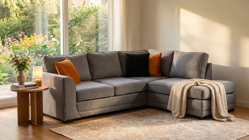 Orka Grey Fabric Right Hand Corner Sofa – Modern RHC Sofa 230 x 170cm
