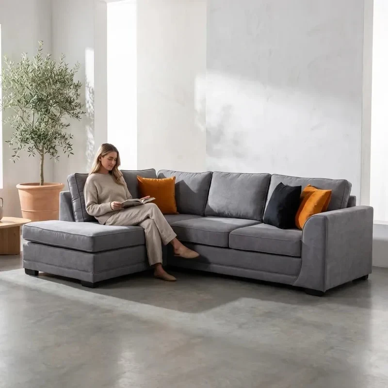 Orka Grey Fabric Left Hand Corner Sofa – Modern LHC Sofa 230 x 170cm