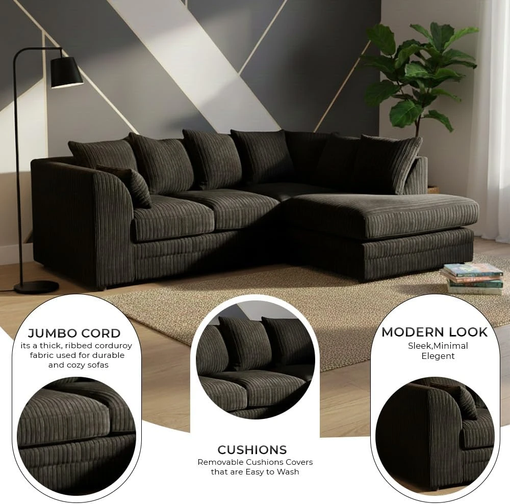 Black Jumbo Cord Right Hand Corner Sofa – 4-5 Seater L-Shaped Sofa with Scatter Back Cushions