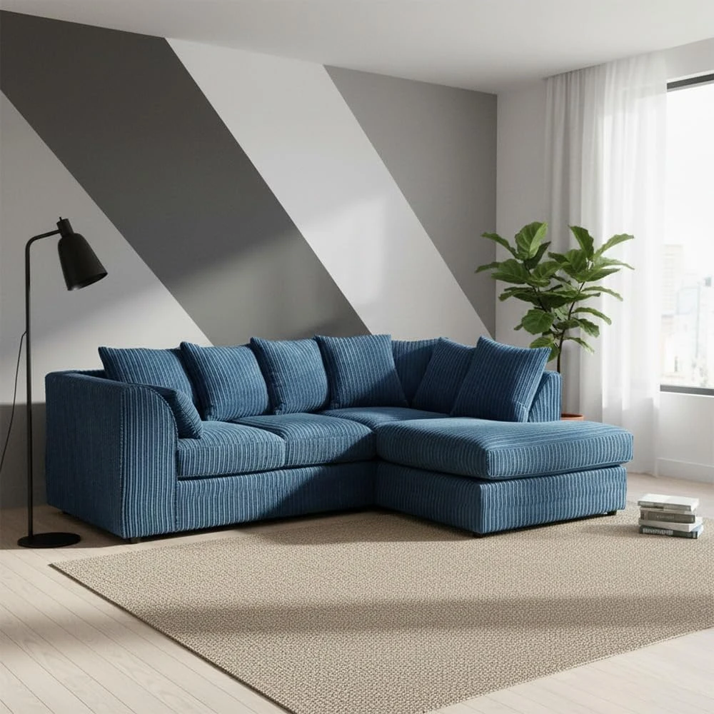 Blue Jumbo Cord Right Hand Corner Sofa – 4-5 Seater L-Shaped Sofa with Scatter Back Cushions