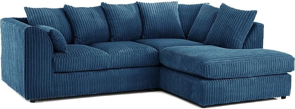 Blue Jumbo Cord Right Hand Corner Sofa – 4-5 Seater L-Shaped Sofa with Scatter Back Cushions