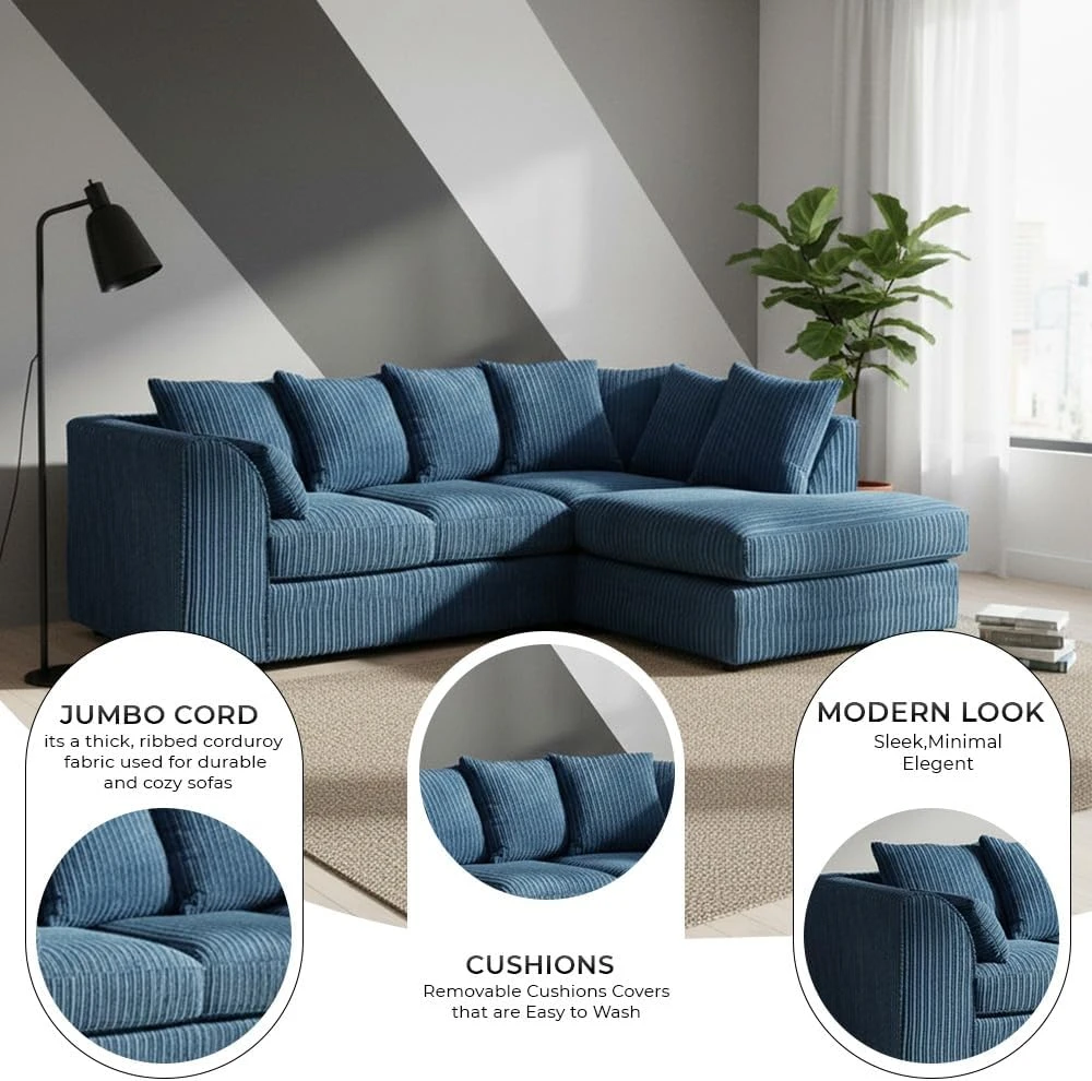 Blue Jumbo Cord Right Hand Corner Sofa – 4-5 Seater L-Shaped Sofa with Scatter Back Cushions