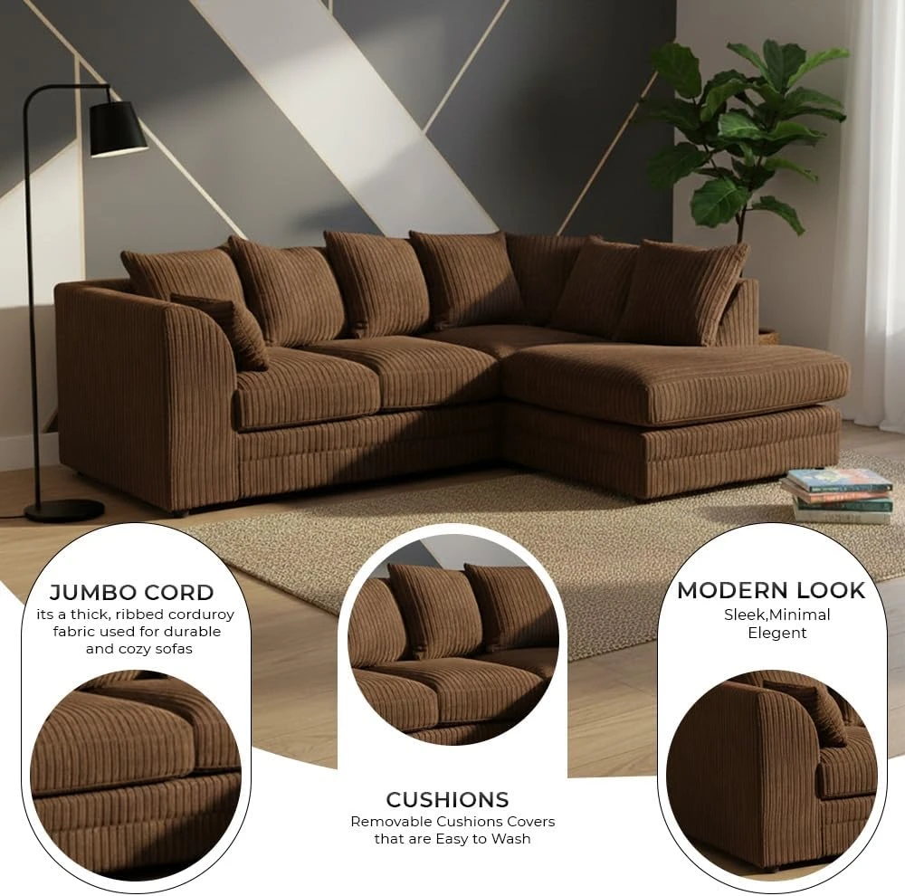 Brown Jumbo Cord Right Hand Corner Sofa – 4-5 Seater L-Shaped Sofa with Scatter Back Cushions