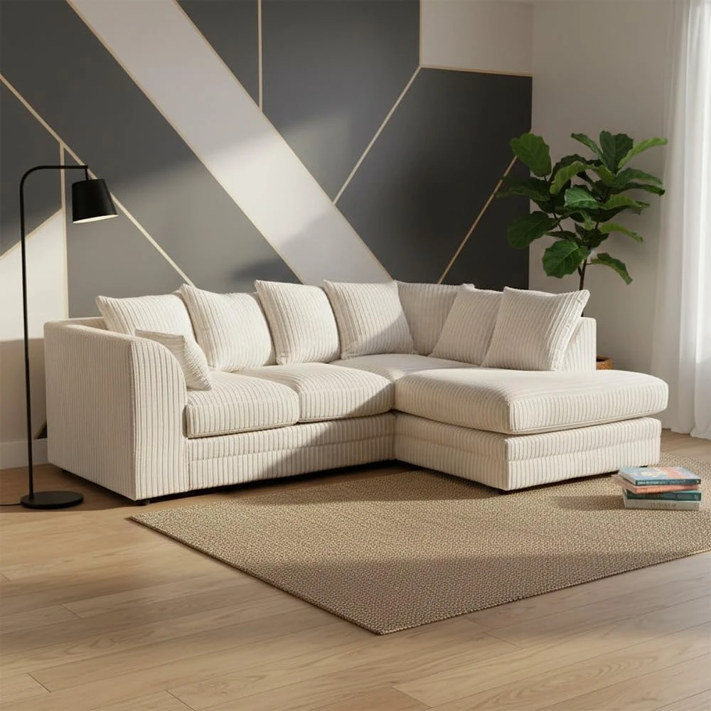 Cream Jumbo Cord Right Hand Corner Sofa – 4-5 Seater L-Shaped Sofa with Scatter Back Cushions