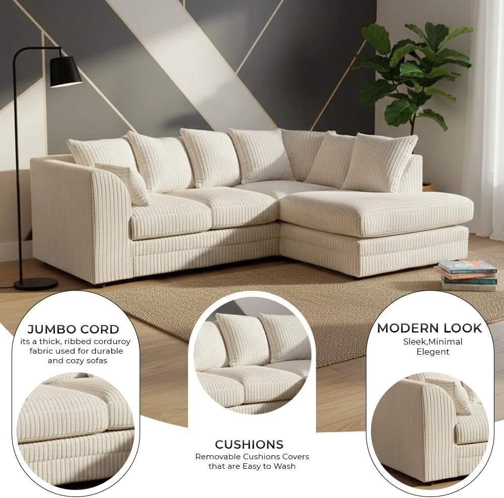 Cream Jumbo Cord Right Hand Corner Sofa – 4-5 Seater L-Shaped Sofa with Scatter Back Cushions