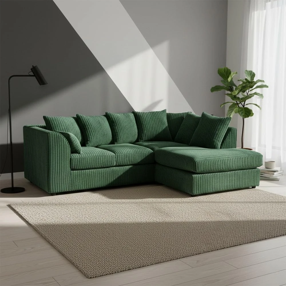Green Jumbo Cord Right Hand Corner Sofa – 4-5 Seater L-Shaped Sofa with Scatter Back Cushions