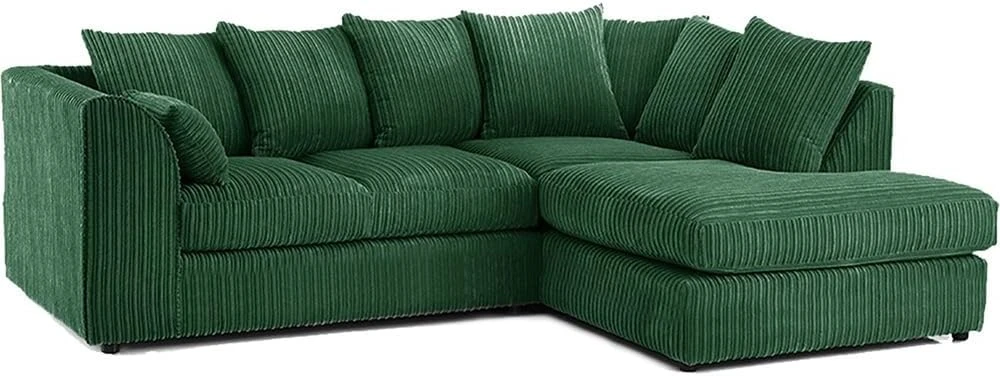 Green Jumbo Cord Right Hand Corner Sofa – 4-5 Seater L-Shaped Sofa with Scatter Back Cushions
