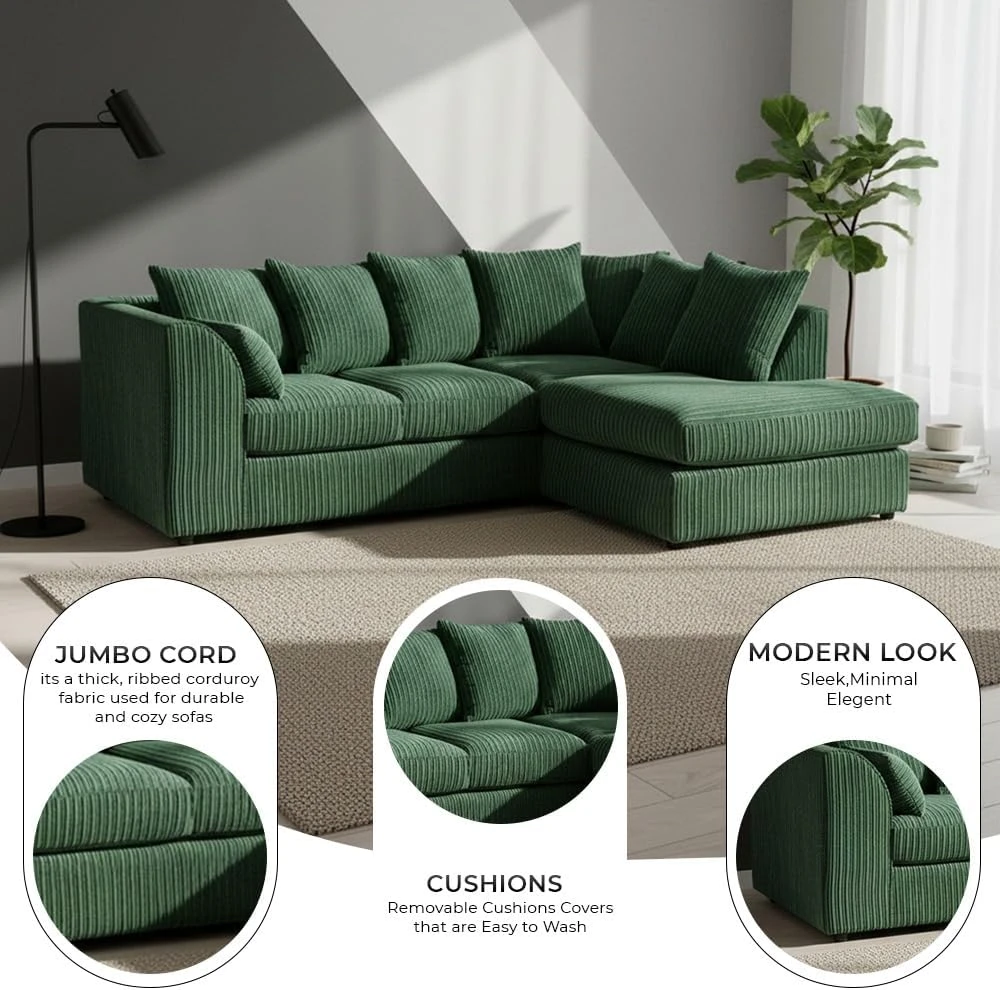 Green Jumbo Cord Right Hand Corner Sofa – 4-5 Seater L-Shaped Sofa with Scatter Back Cushions