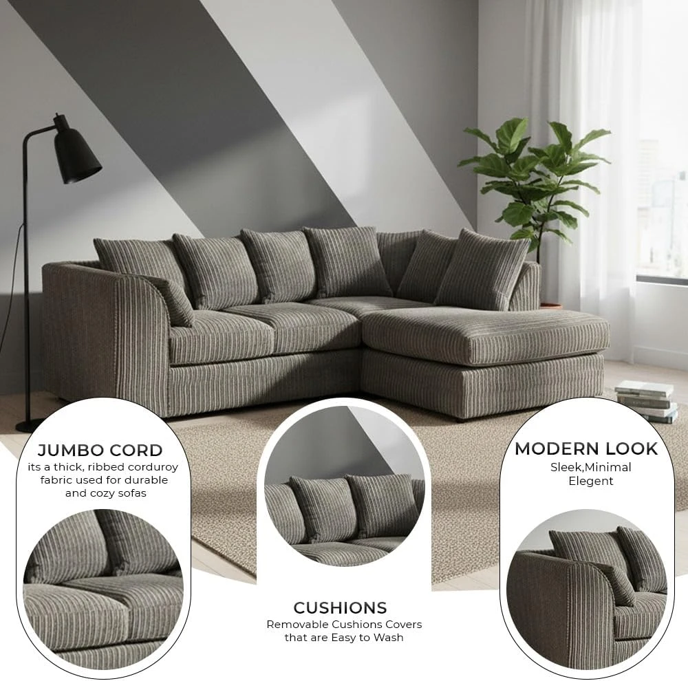 Grey Jumbo Cord Right Hand Corner Sofa – 4-5 Seater L-Shaped Sofa with Scatter Back Cushions