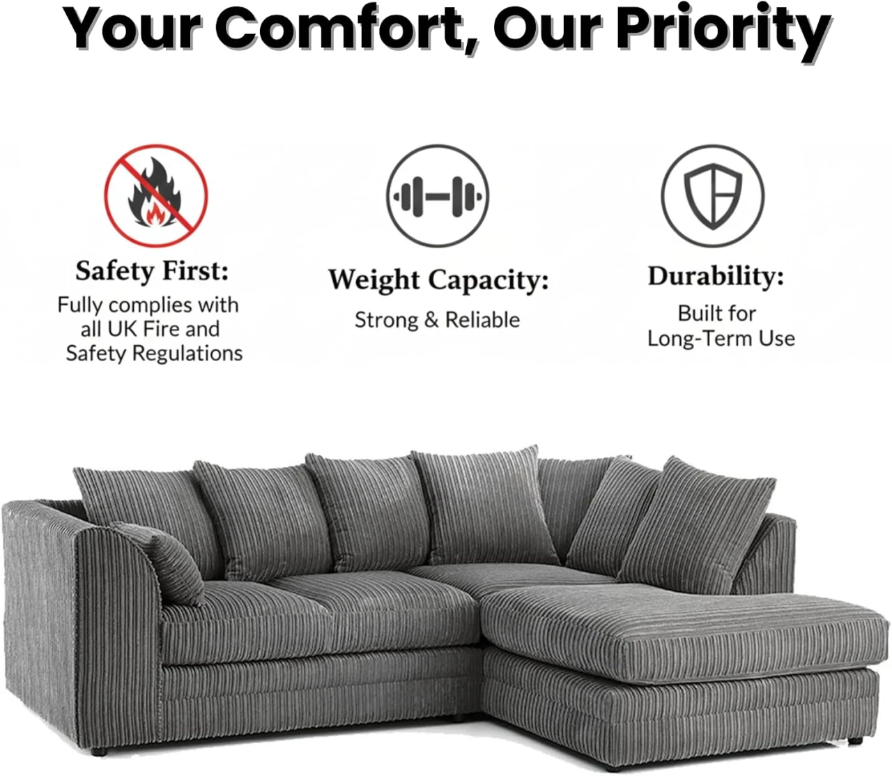 Grey Jumbo Cord Right Hand Corner Sofa – 4-5 Seater L-Shaped Sofa with Scatter Back Cushions