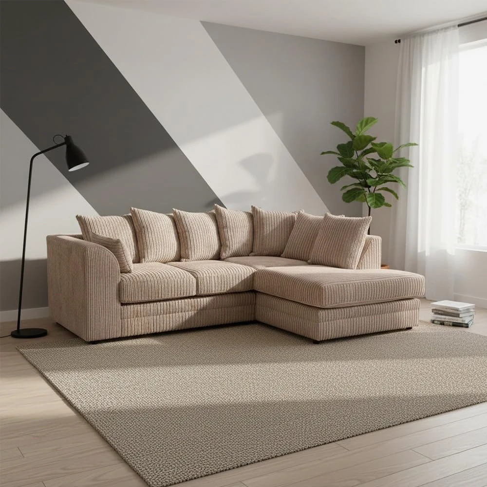 Mink Jumbo Cord Right Hand Corner Sofa – 4-5 Seater L-Shaped Sofa with Scatter Back Cushions