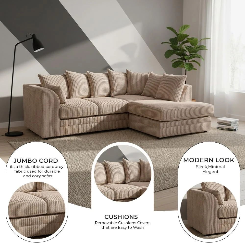 Mink Jumbo Cord Right Hand Corner Sofa – 4-5 Seater L-Shaped Sofa with Scatter Back Cushions