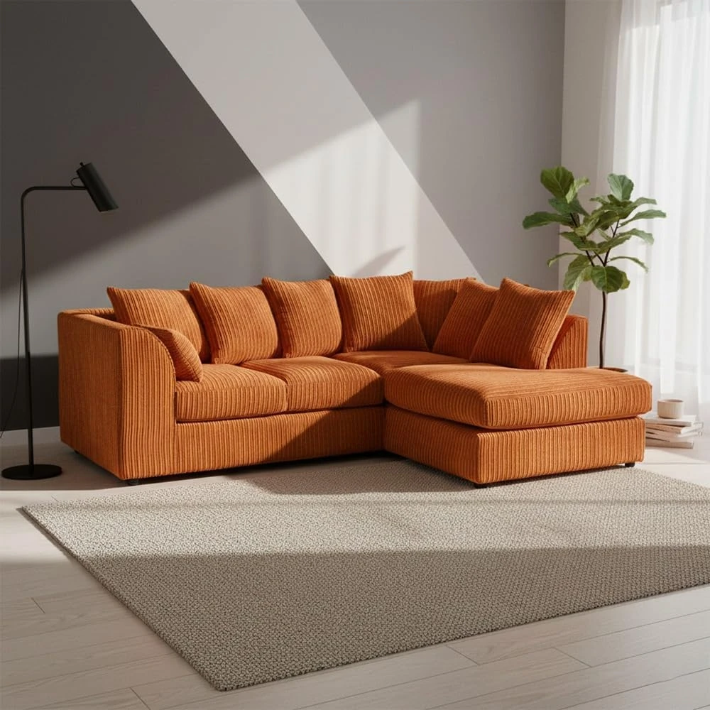 Orange Jumbo Cord Right Hand Corner Sofa – 4-5 Seater L-Shaped Sofa with Scatter Back Cushions