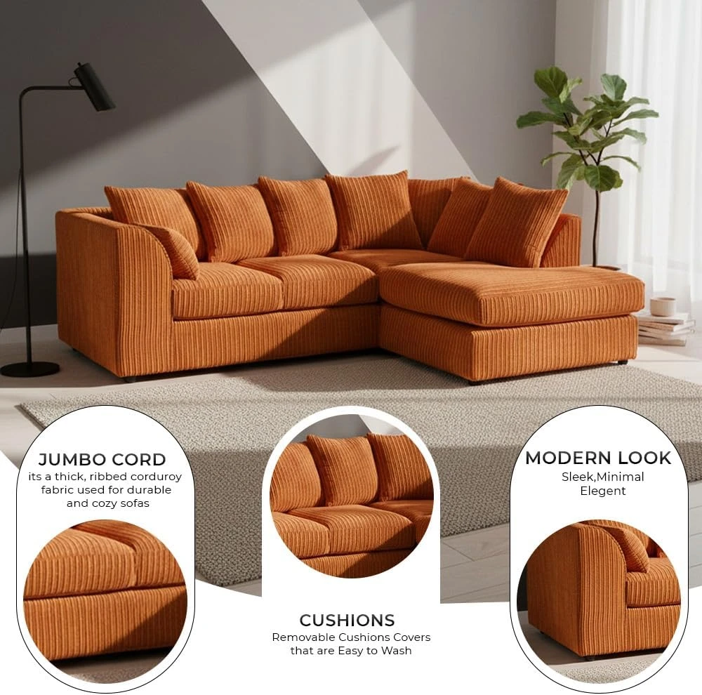 Orange Jumbo Cord Right Hand Corner Sofa – 4-5 Seater L-Shaped Sofa with Scatter Back Cushions