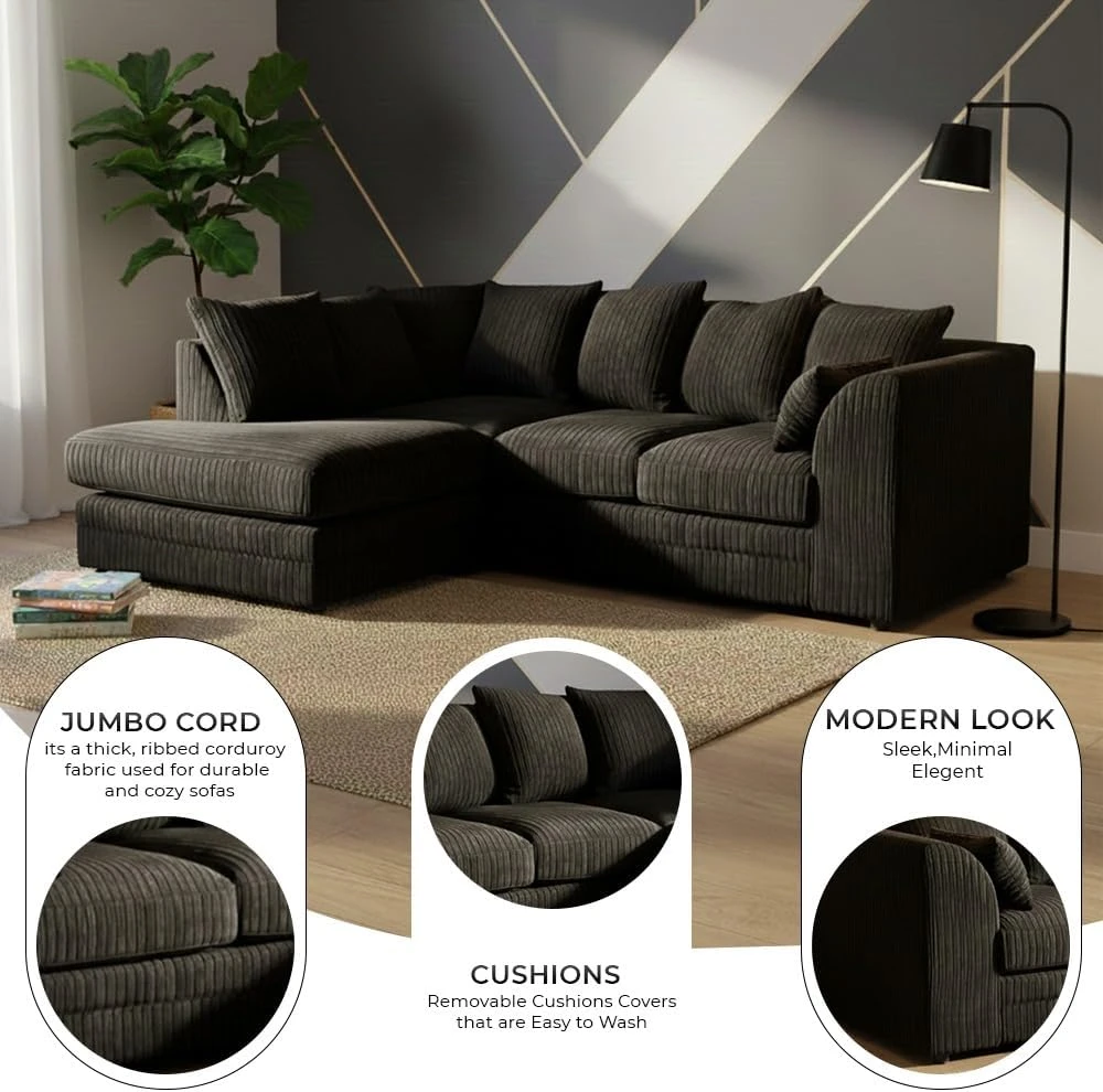 Black Jumbo Cord Modular L-Shaped Corner Sofa – 3-4 Seater Cloud Sofa, Left Hand Facing