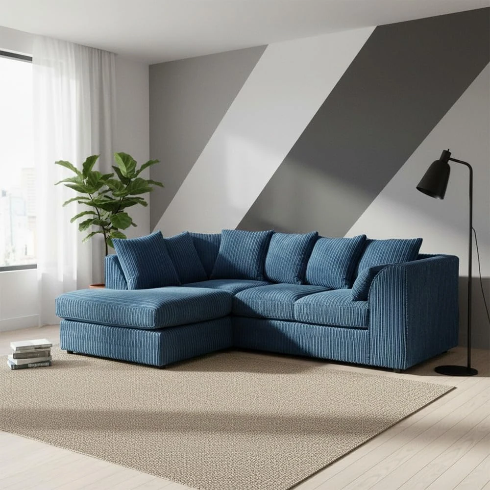 Blue Jumbo Cord Modular L-Shaped Corner Sofa – 3-4 Seater Cloud Sofa, Left Hand Facing