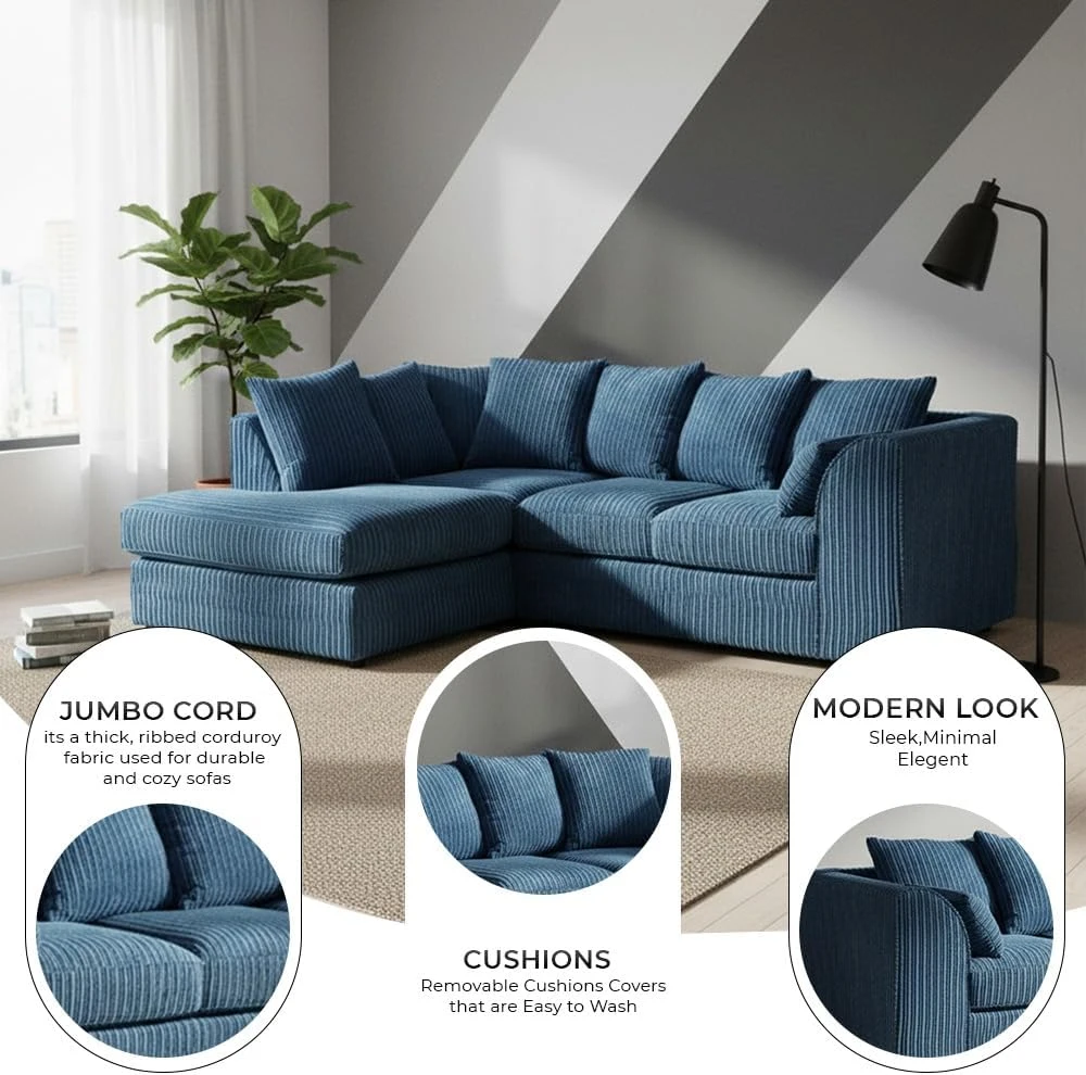 Blue Jumbo Cord Modular L-Shaped Corner Sofa – 3-4 Seater Cloud Sofa, Left Hand Facing