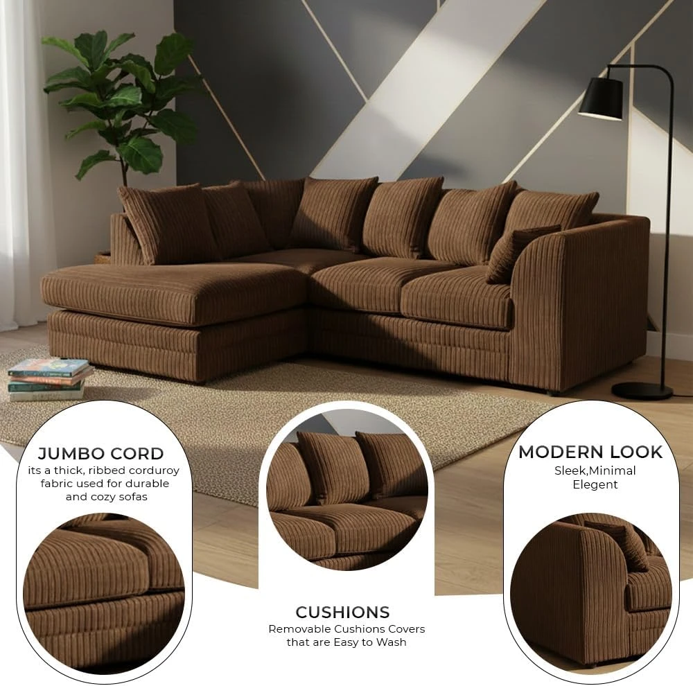 Brown Jumbo Cord Modular L-Shaped Corner Sofa – 3-4 Seater Cloud Sofa, Left Hand Facing