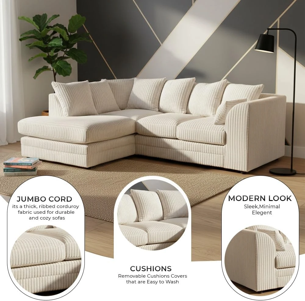 Cream Jumbo Cord Modular L-Shaped Corner Sofa – 3-4 Seater Cloud Sofa, Left Hand Facing
