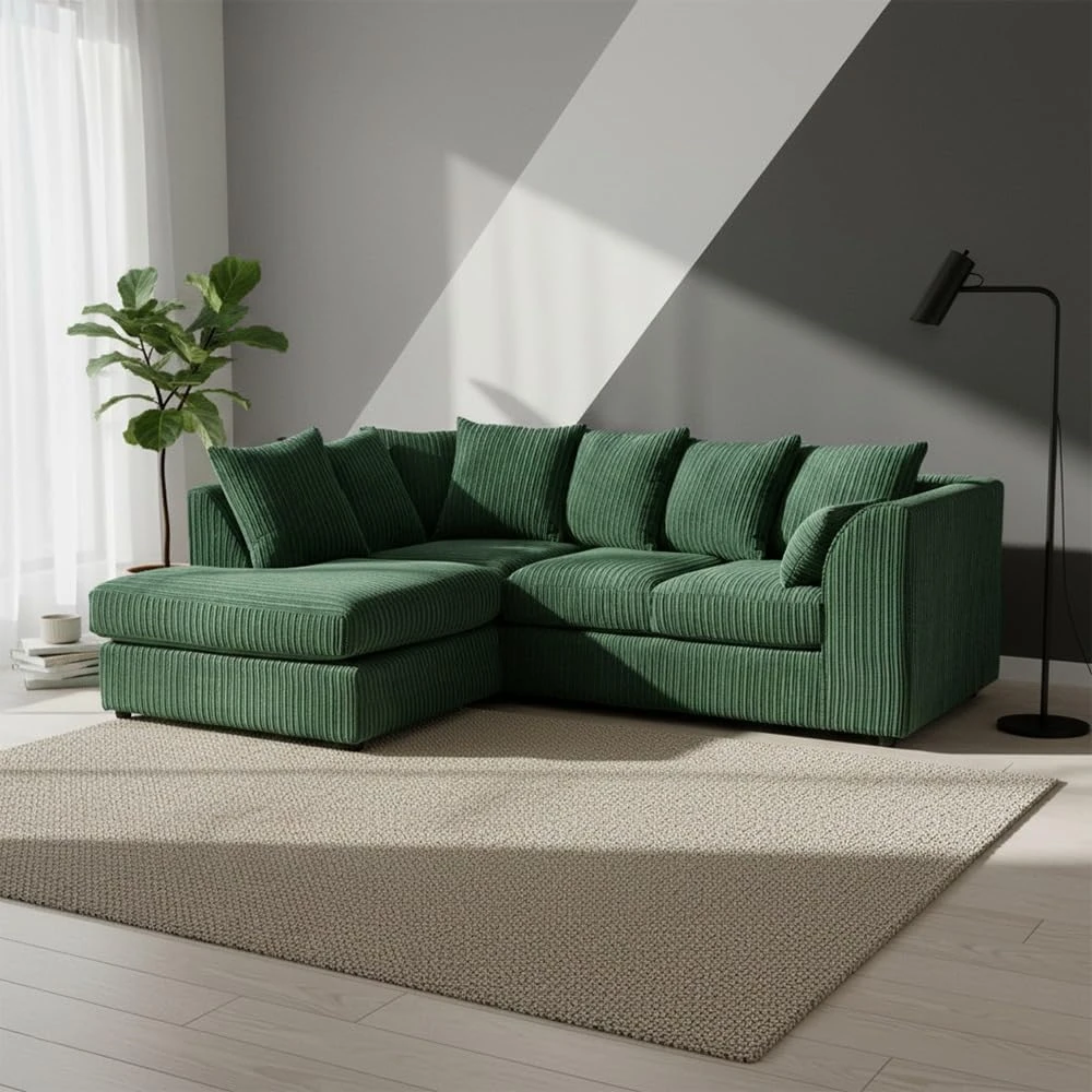 Green Jumbo Cord Modular L-Shaped Corner Sofa – 3-4 Seater Cloud Sofa, Left Hand Facing