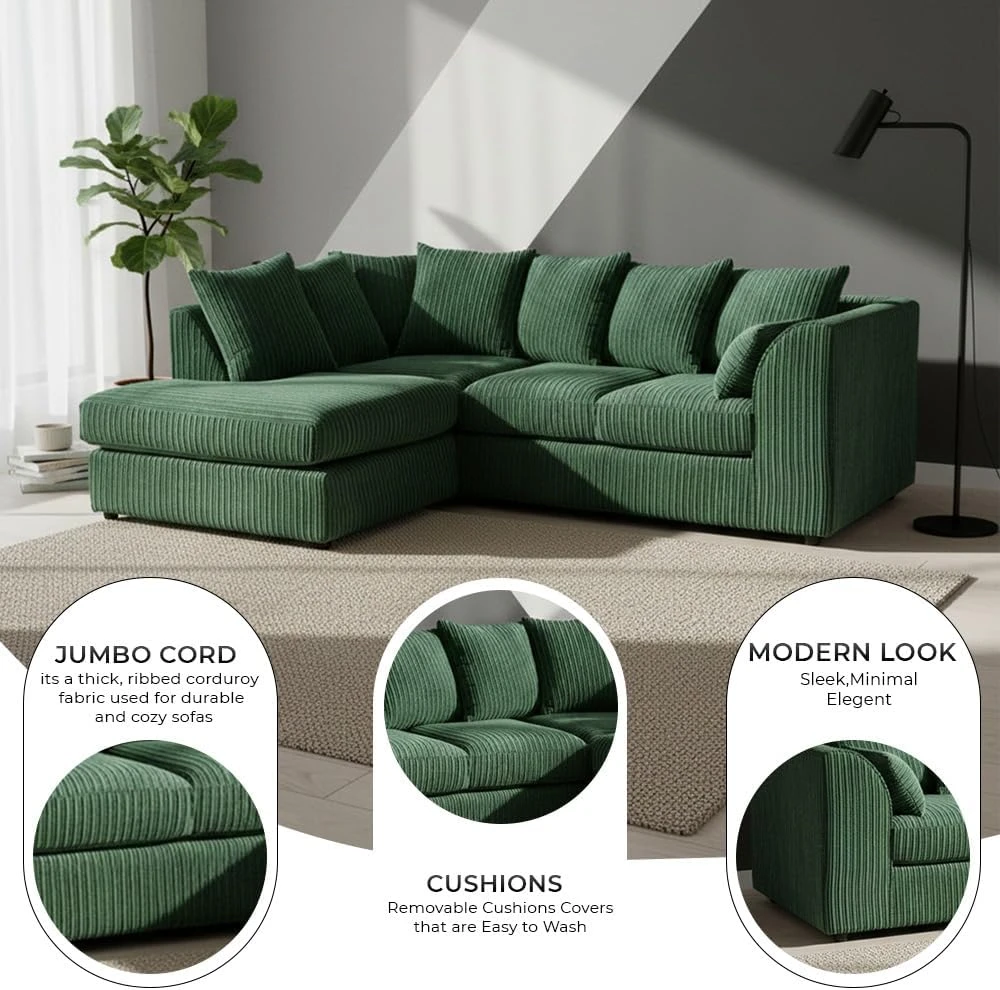 Green Jumbo Cord Modular L-Shaped Corner Sofa – 3-4 Seater Cloud Sofa, Left Hand Facing