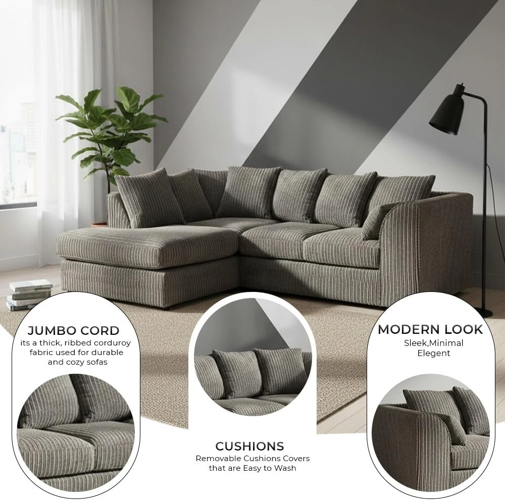 Grey Jumbo Cord Modular L-Shaped Corner Sofa – 3-4 Seater Cloud Sofa, Left Hand Facing