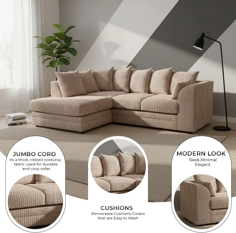 Mink Jumbo Cord Modular L-Shaped Corner Sofa – 3-4 Seater Cloud Sofa, Left Hand Facing