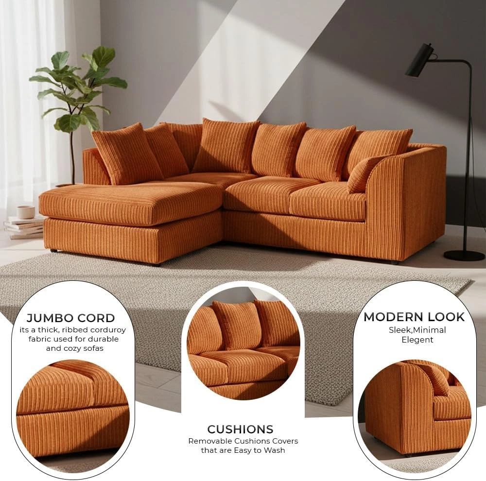 Orange Jumbo Cord Modular L-Shaped Corner Sofa – 3-4 Seater Cloud Sofa, Left Hand Facing