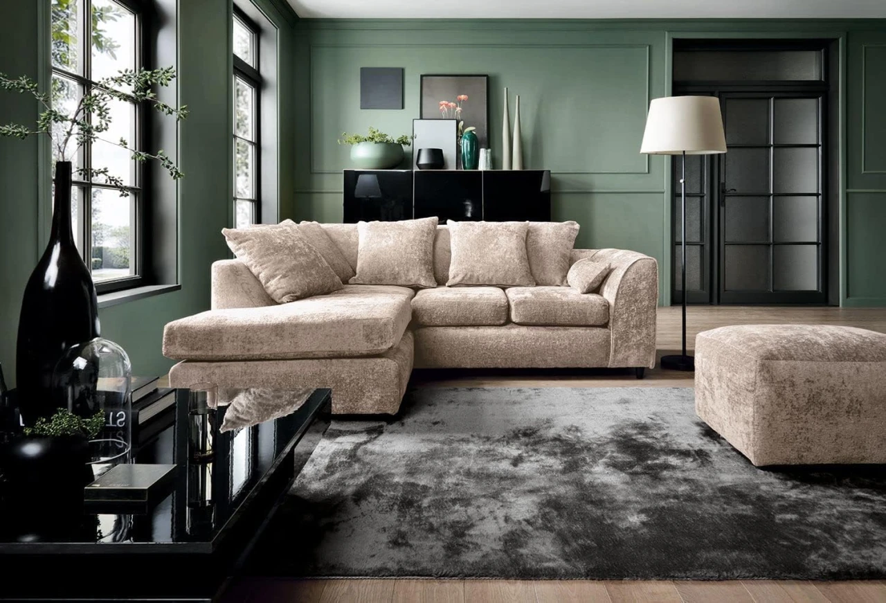 Beige Chenille Left Hand Corner Sofa – 4 Seater L-Shaped Sofa with Deep Cushions
