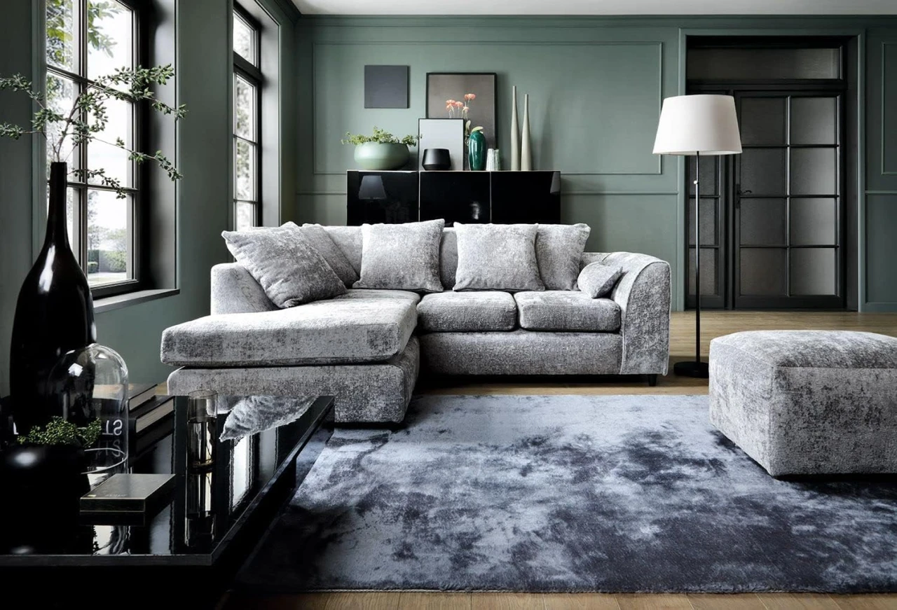 Silver Chenille Left Hand Corner Sofa – 4 Seater L-Shaped Sofa with Deep Cushions