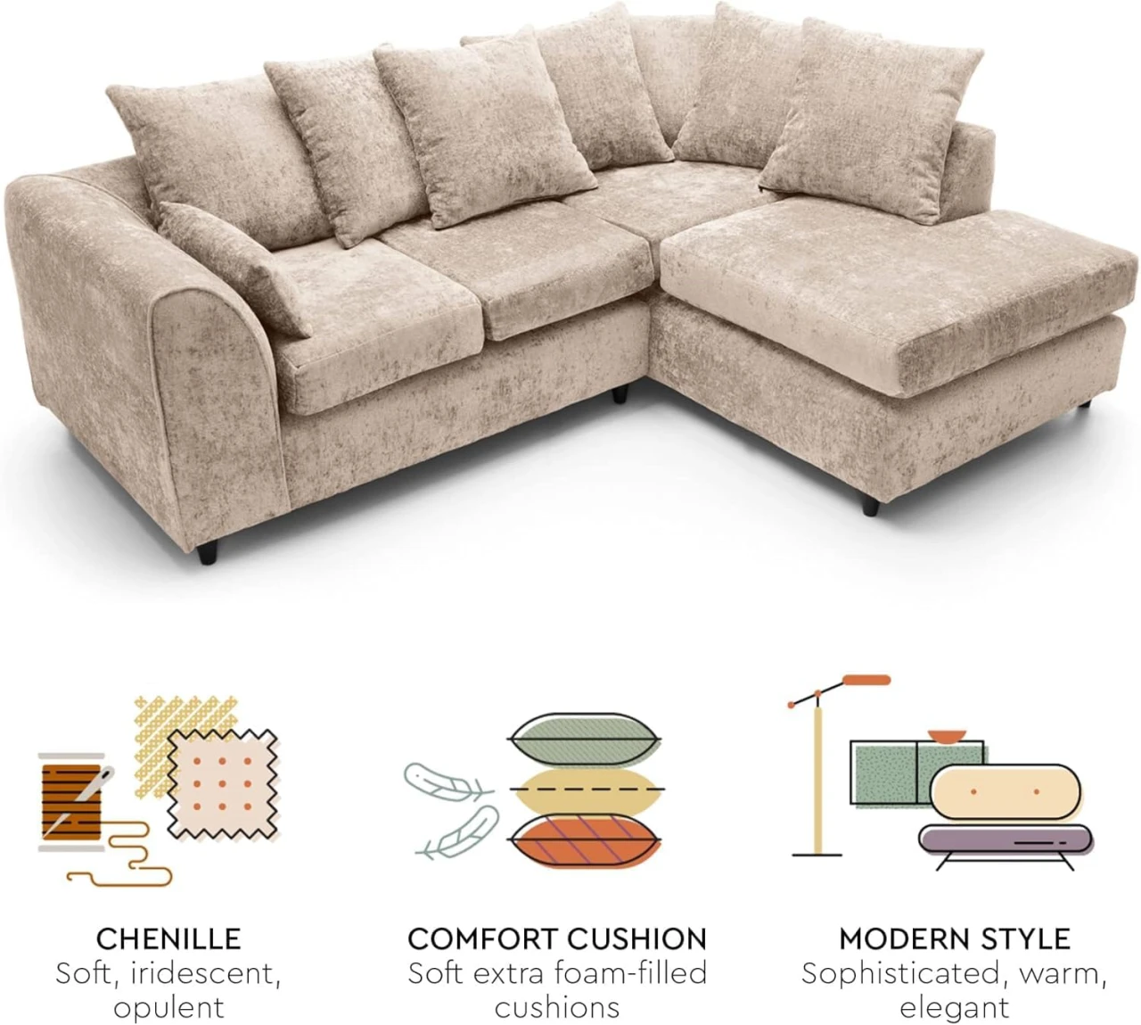 Beige Chenille Right Hand Corner Sofa – 4 Seater L-Shaped Sofa with Deep Cushions