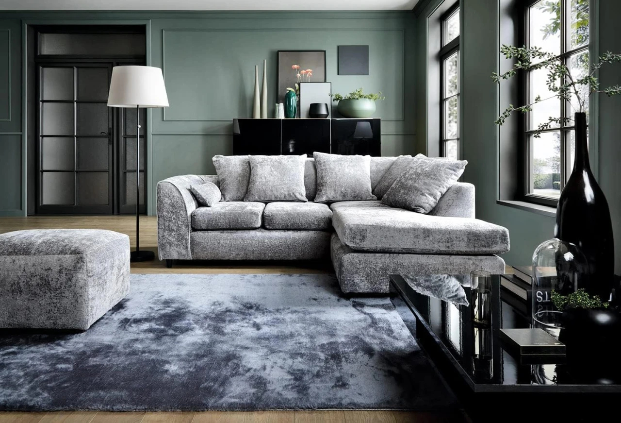 Silver Chenille Right Hand Corner Sofa – 4 Seater L-Shaped Sofa with Deep Cushions