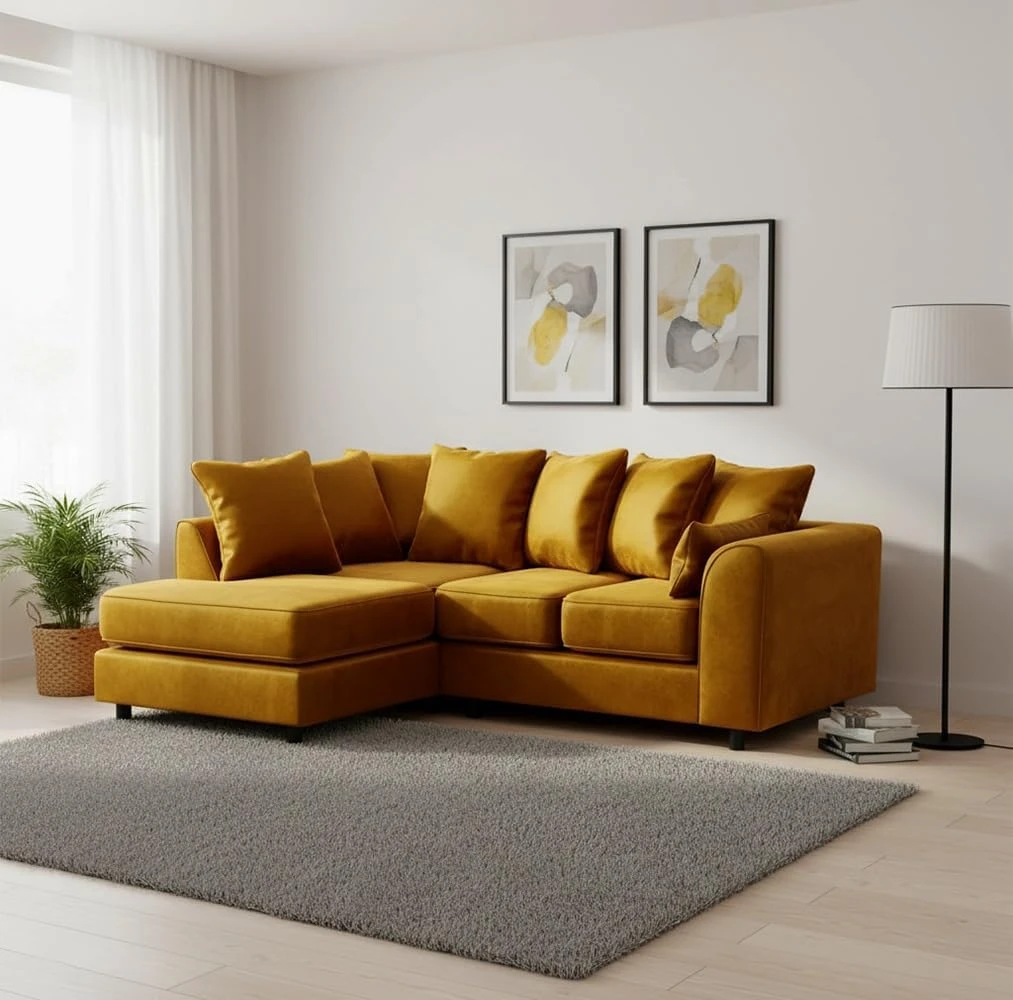 Mustard Velvet Left Hand Corner Sofa – L-Shaped Sofa with Reversible Chaise & Scatter Back Cushions