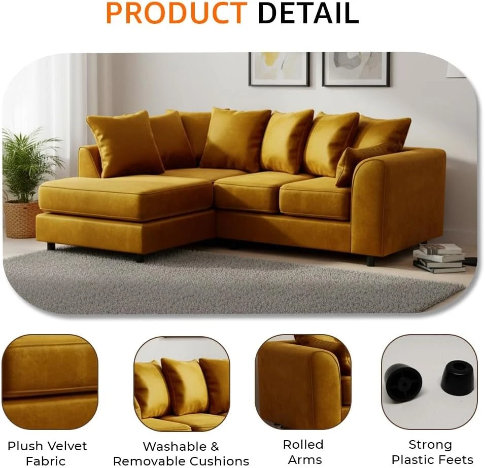 Mustard Velvet Left Hand Corner Sofa – L-Shaped Sofa with Reversible Chaise & Scatter Back Cushions