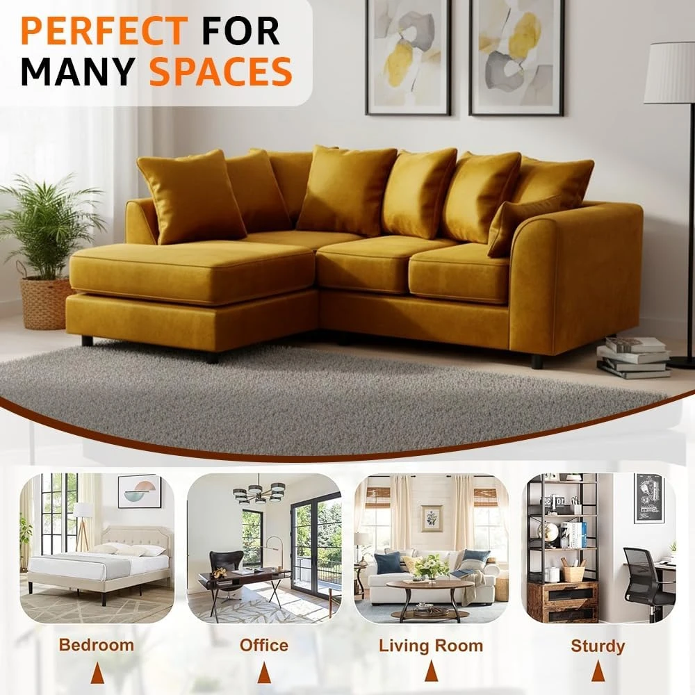Mustard Velvet Left Hand Corner Sofa – L-Shaped Sofa with Reversible Chaise & Scatter Back Cushions