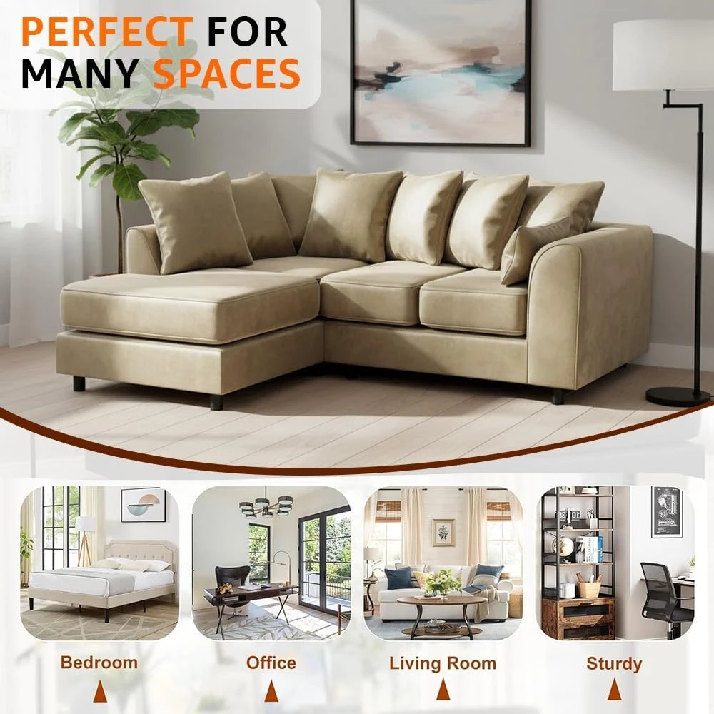Beige Velvet Left Hand Corner Sofa – L-Shaped Sofa with Reversible Chaise & Scatter Back Cushions