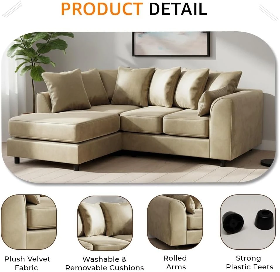 Beige Velvet Left Hand Corner Sofa – L-Shaped Sofa with Reversible Chaise & Scatter Back Cushions