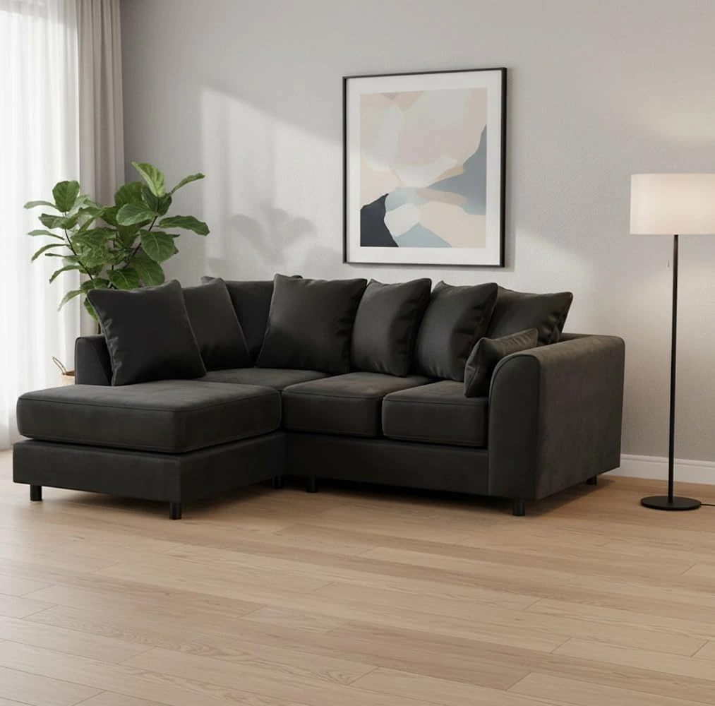 Black Velvet Left Hand Corner Sofa – L-Shaped Sofa with Reversible Chaise & Scatter Back Cushions