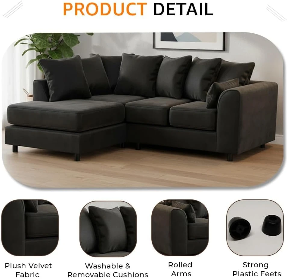 Black Velvet Left Hand Corner Sofa – L-Shaped Sofa with Reversible Chaise & Scatter Back Cushions