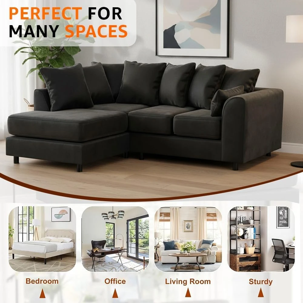 Black Velvet Left Hand Corner Sofa – L-Shaped Sofa with Reversible Chaise & Scatter Back Cushions